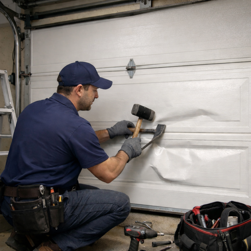 Technician repairing a damaged garage door panel on a residential garage door